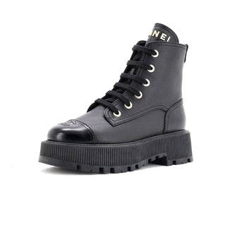 Chanel Women's CC Cap Toe Lace Up Combat Boots Leather