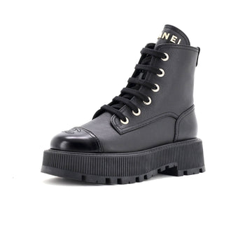 Chanel Women's CC Cap Toe Lace Up Combat Boots Leather