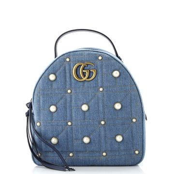 Gucci Pearly GG Marmont Backpack Embellished Matelasse Denim Small