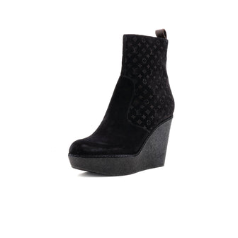 Louis Vuitton Women's Ankle Wedge Platform Boots Monogram Embossed Suede