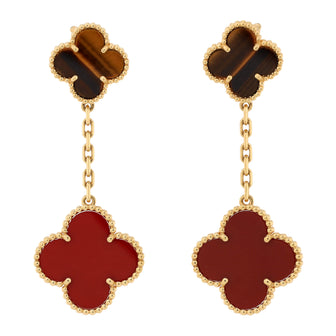 Van Cleef & Arpels Magic Alhambra 2 Motifs Drop Earrings 18K Yellow Gold with Tiger's Eye and Carnelian
