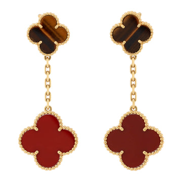 Van Cleef & Arpels Magic Alhambra 2 Motifs Drop Earrings 18K Yellow Gold with Tiger's Eye and Carnelian