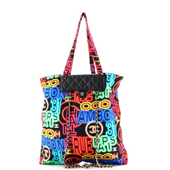 Chanel Foldable Tote Bag with Chain Quilted Caviar with Printed Nylon