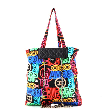 Chanel Foldable Tote Bag with Chain Quilted Caviar with Printed Nylon