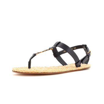 Saint Laurent Women's Monogram Thong Sandals Leather and Raffia