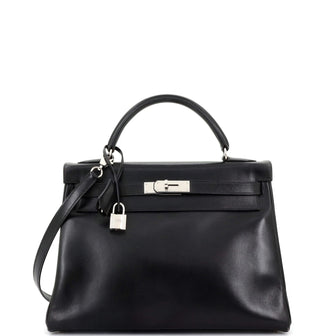 Hermes Kelly Handbag Black Box Calf with Palladium Hardware 32