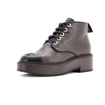 Chanel Women's CC Cap Toe Short Combat Boots Leather with Faux Pearls