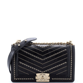 Chanel Boy Flap Bag Chevron Embellished Crumpled Calfskin Old Medium