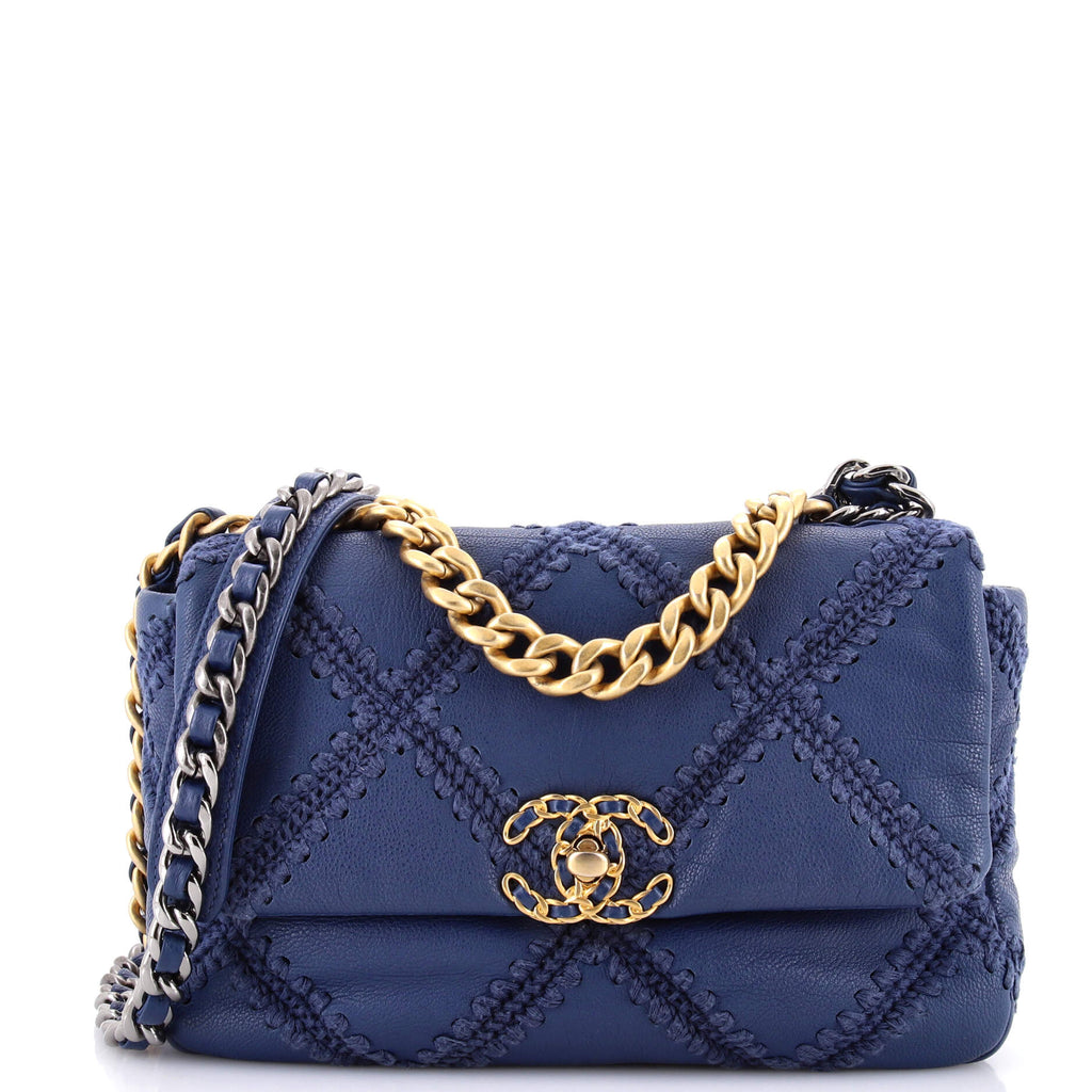 Chanel 19 Flap Bag Crochet Quilted Calfskin Medium Blue 3472987