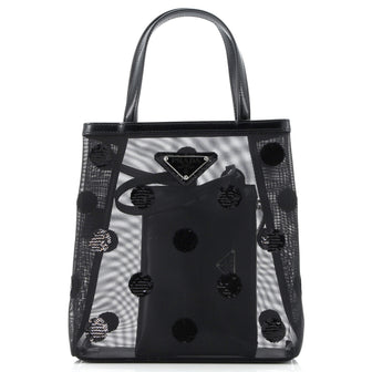 Prada Polka Dot Logo Open Tote Sequined Mesh Small