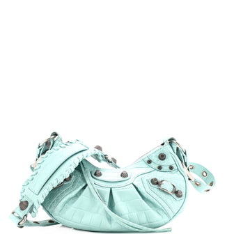 Balenciaga Le Cagole Giant Studs Shoulder Bag Crocodile Embossed Leather XS