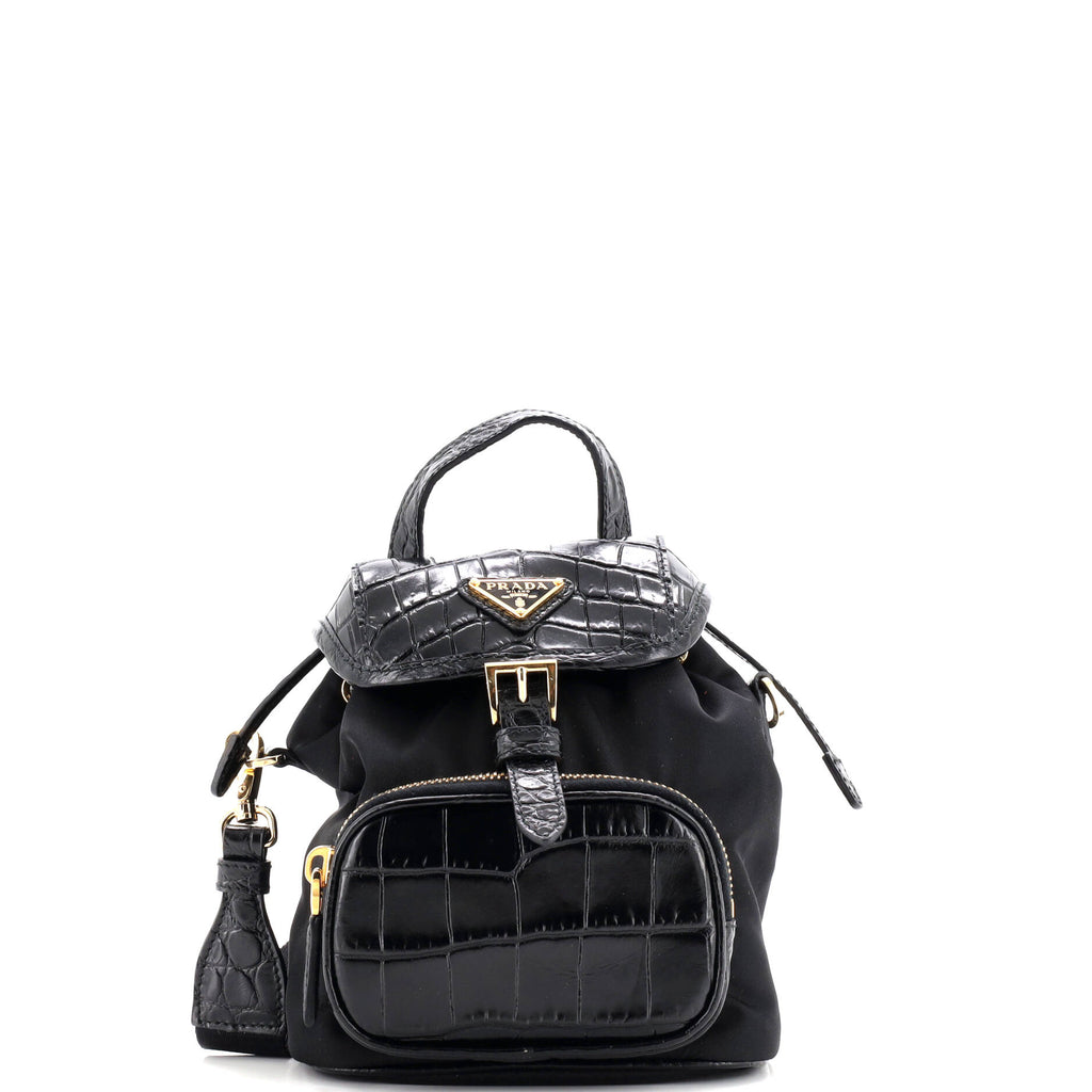 backpack leather women black pockets prada Prada Front Pocket Backpack Shoulder Bag Re-Nylon and Crocodile Embossed  Leather Mini 347594