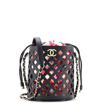 Chanel See Through Drawstring Bucket Bag Perforated Leather with Quilted Printed Canvas Small