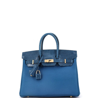 Hermes Touch Birkin Bag Blue Togo with Lizard with Permabrass Hardware 25