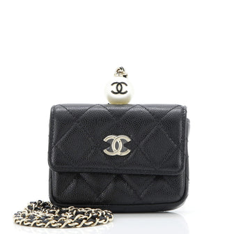 Chanel CC Pearl Coin Card Holder with Chain Quilted Caviar