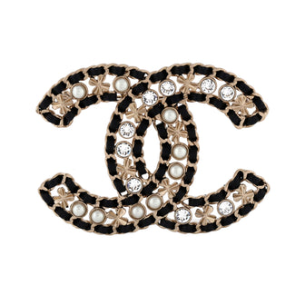 Chanel CC Chain Brooch Metal and Leather with Crystals and Faux Pearl