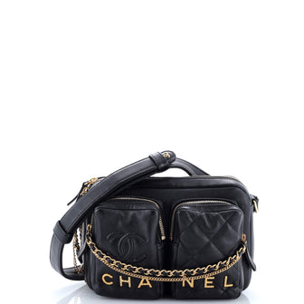 Chanel Logo Twin Pockets Chain Camera Case Quilted Calfskin Small