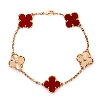 Van Cleef & Arpels Vintage Alhambra 5 Motifs Bracelet Guilloche 18K Rose Gold and Carnelian