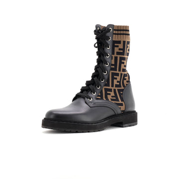 Fendi Women's Rockoko Combat Boots Leather and Zucca Knit Stretch Fabric