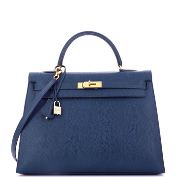 Hermes Kelly Handbag Blue Ardennes with Gold Hardware 35