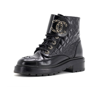Chanel Women's Chain CC Cap Toe Lace Up Combat Boots Quilted Shiny Calfskin