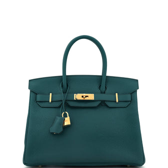 Hermes Birkin Handbag Green Clemence with Gold Hardware 30