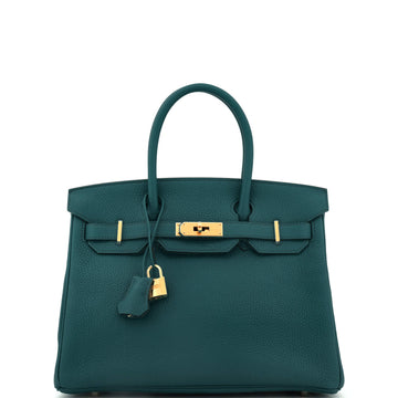 Hermes Birkin Handbag Green Clemence with Gold Hardware 30