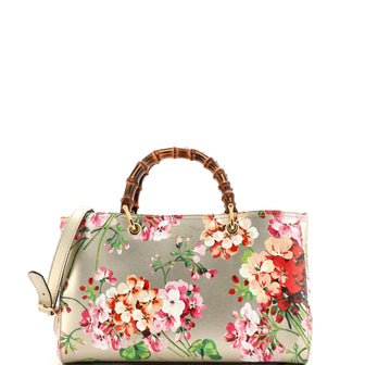 Gucci Bamboo Shopper Tote Blooms Print Leather Medium