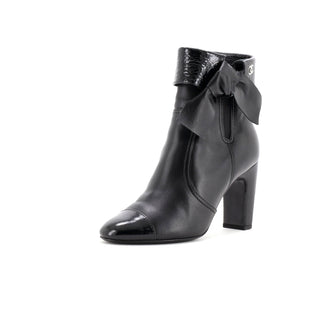 Chanel Women's Bow CC Fold Over Heeled Ankle Boots Leather with Patent