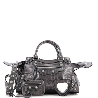 Balenciaga Neo Cagole City Bag Crocodile Embossed with Crystals Small
