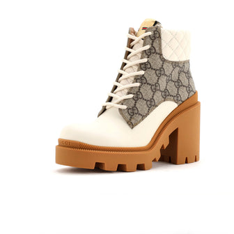 Gucci Women's Lace Up Heeled Ankle Boots GG Coated Canvas with Quilted Leather