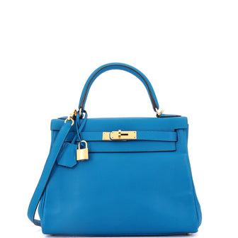 Hermes Kelly Handbag Blue Evercolor with Gold Hardware 28