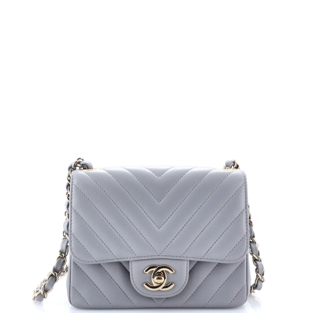Chanel Square Classic Single Flap Bag Chevron Lambskin Mini Gray