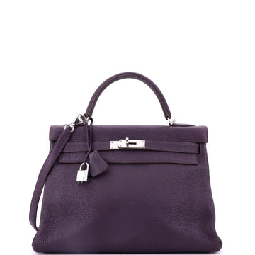 Hermes Kelly Handbag Purple Clemence with Palladium Hardware 32