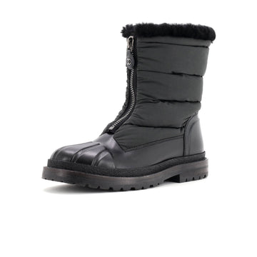 Chanel Women's Front Zip Hiking Boots Leather and Nylon with Shearling