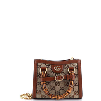 Gucci Diana NM Bamboo Handle Tote Crystal Embellished GG Canvas Mini