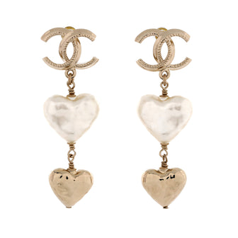 Chanel CC Pearl Double Heart Drop Earrings Metal with Resin