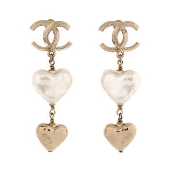 Chanel CC Pearl Double Heart Drop Earrings Metal with Resin