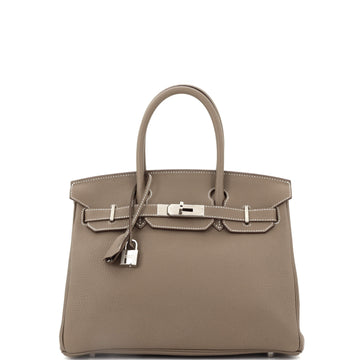 Hermes Birkin Handbag Grey Clemence with Palladium Hardware 30