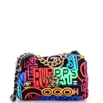 Chanel 19 Flap Bag Quilted Graffiti Print Fabric Medium