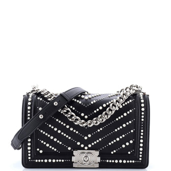 Chanel Boy Flap Bag Pearl Embellished Chevron Calfskin Old Medium