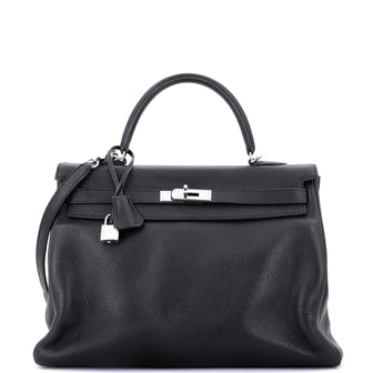 Hermes Kelly Handbag Black Clemence with Palladium Hardware 35