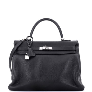 Hermes Kelly Handbag Black Clemence with Palladium Hardware 35