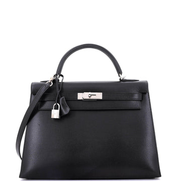 Hermes Kelly Handbag Black Veau Grain Lisse with Palladium Hardware 32