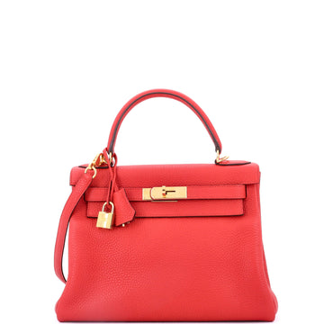 Hermes Kelly Handbag Red Clemence with Gold Hardware 28