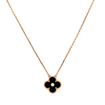 Van Cleef & Arpels Vintage Alhambra Pendant Necklace 18K Rose Gold and Onyx with Diamond