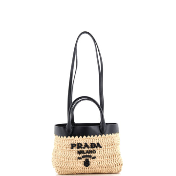 Prada Double Handle Shopper Tote Woven Raffia with Leather Mini