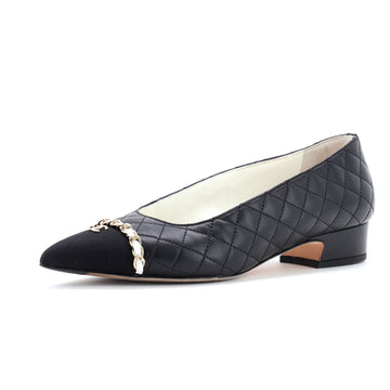 Chanel Women's CC Chain Pointed Cap Toe Pumps Quilted Leather with Grosgrain