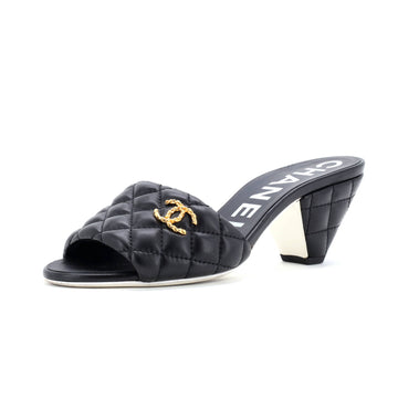 Chanel Women's CC Heeled Mule Sandals Quilted Leather