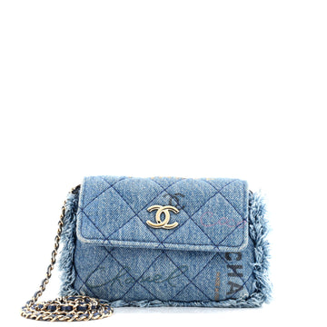 Chanel Denim Mood Flap Clutch with Chain Logo Printed Quilted Fringe Denim